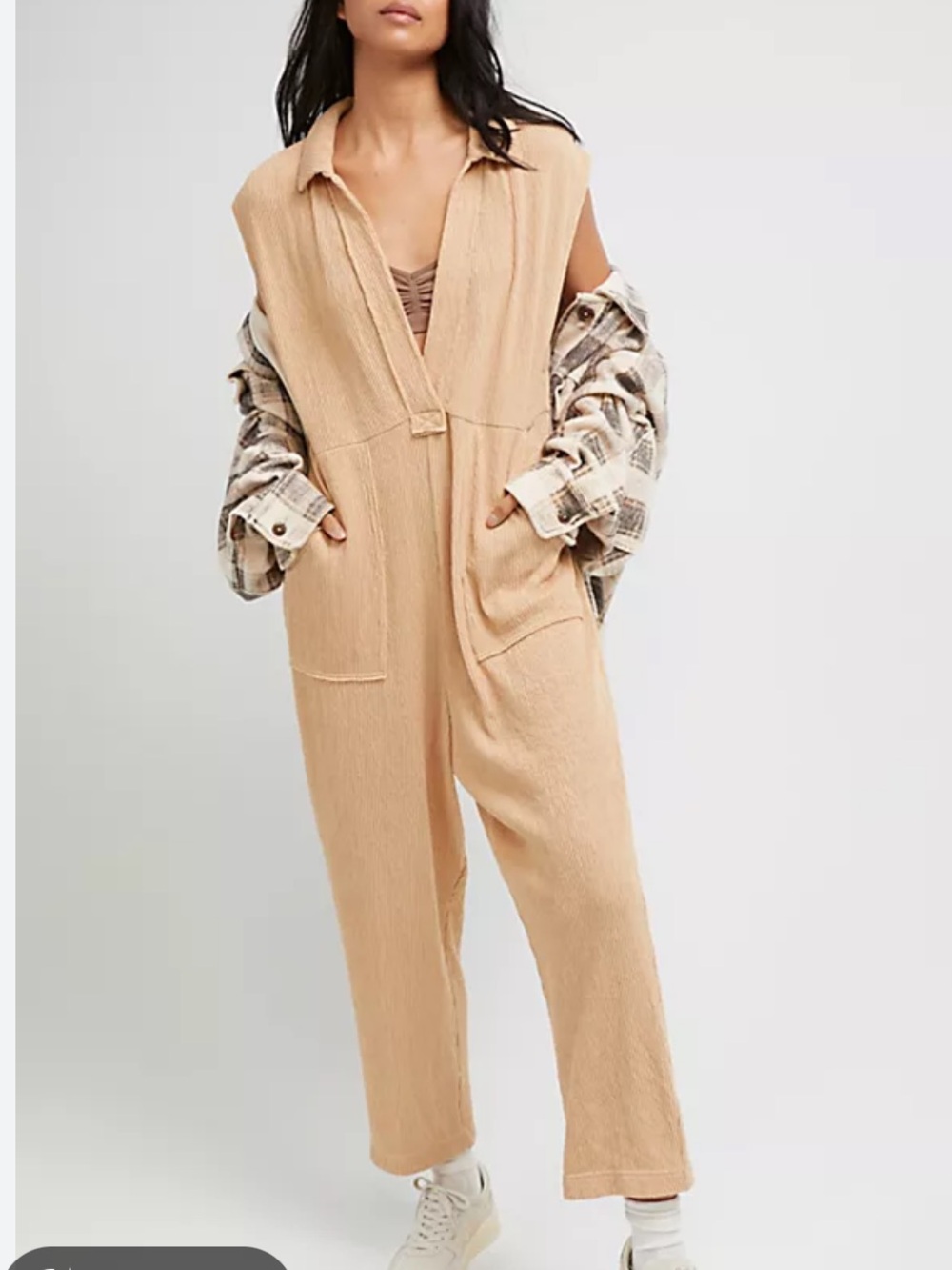 Free people beach carousel slouchy vneck collared jumpsuit cotton gauze sz xs